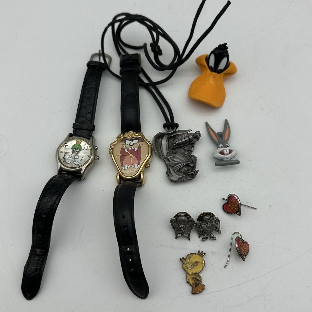 Lot of 2 Vintage Warner Bros Watches, Necklace, Earrings And Pins 1993-1997
